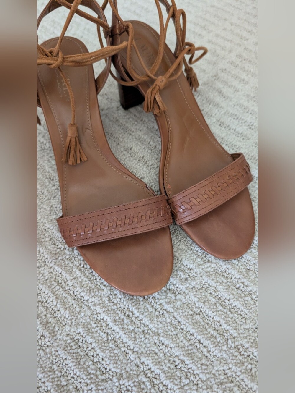 Ralph Lauren Cognac Leather Ankle-Tie Block Heel Sandals 9.5 - Picture 6 of 11